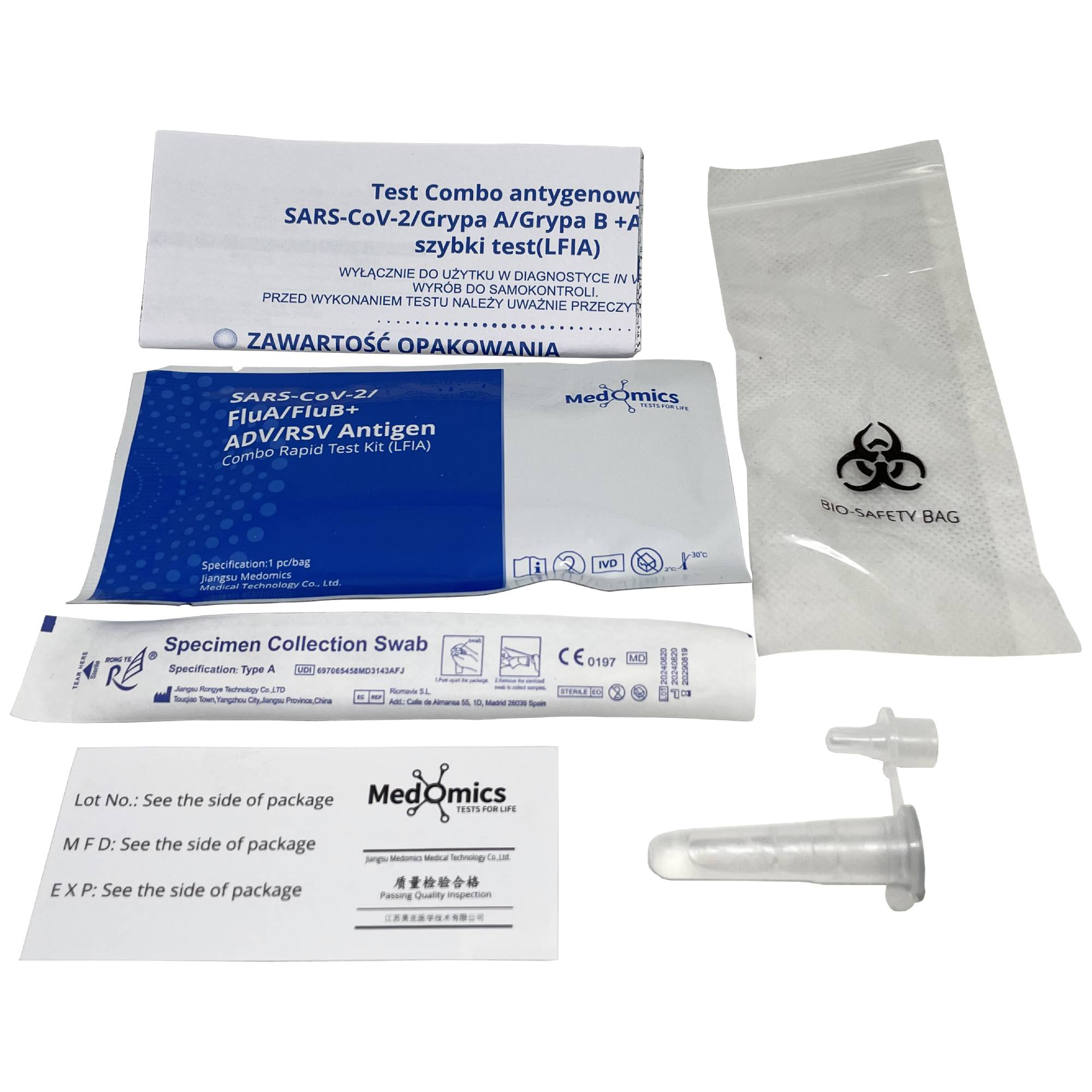 Zawartość zesttawu testu combo antygenowego Medomics 5 w 1