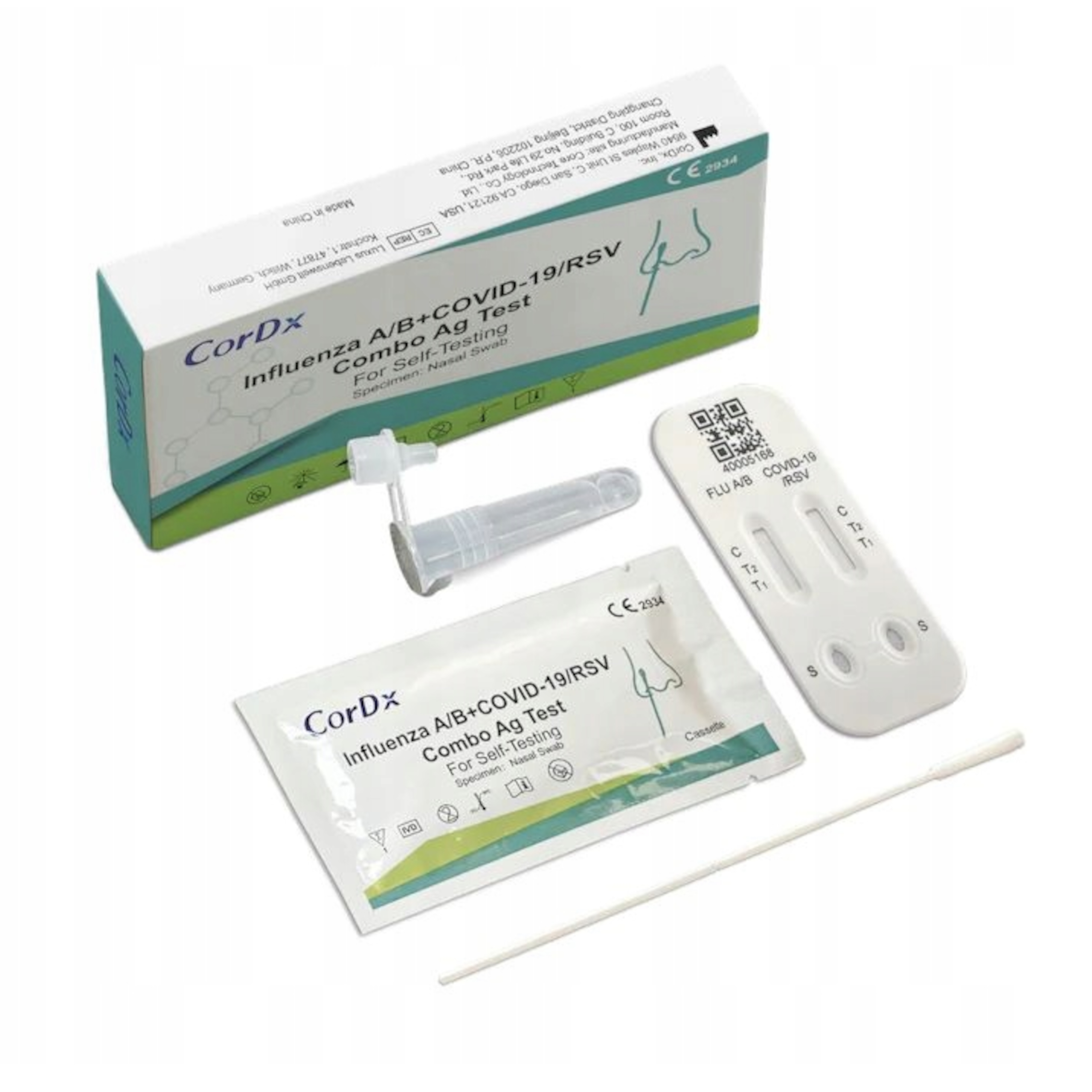 Zawartość testu wymazowego CorDx Influenza Combo 4w1 Covid-19, Grypa A/B, RSV